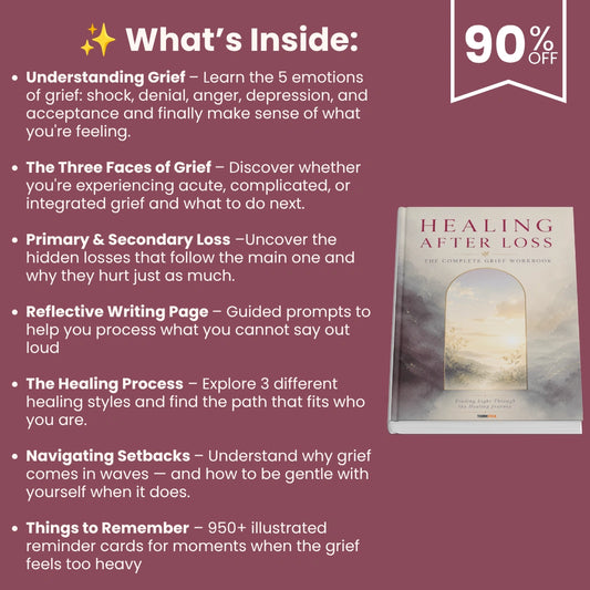 Printable grief recovery workbook with guided journaling prompts and healing exercises for loss