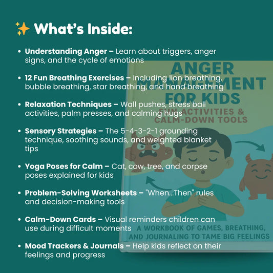 Preview of interior workbook pages including anger triggers, journaling worksheets, coping strategies, and emotional regulation activities for kids.