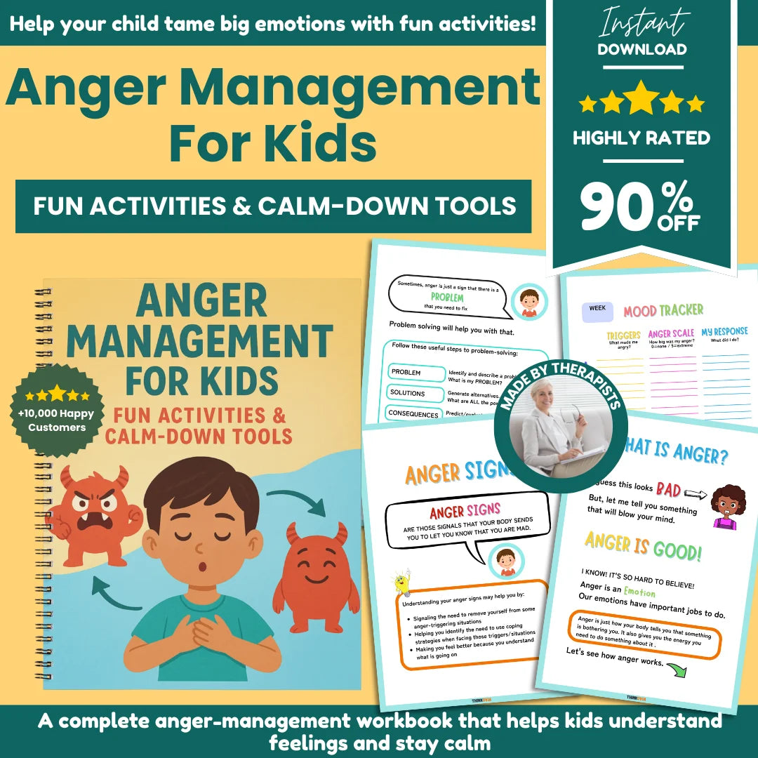 Cover of the “Anger Management for Kids” printable workbook showing colorful child-friendly pages and coping tools for emotional regulation.