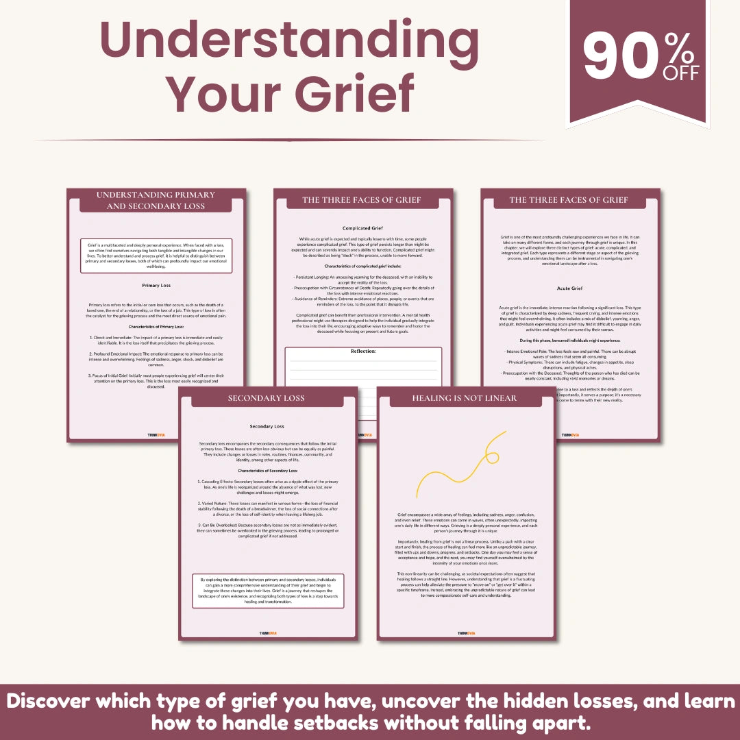 Grief journal PDF with reflection prompts to process sadness, guilt, anger, and loss