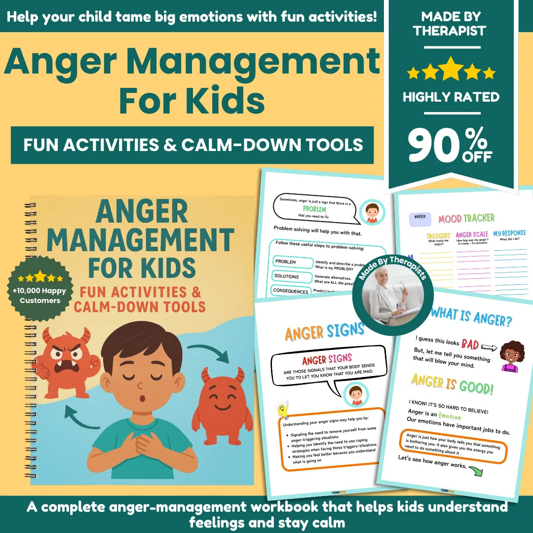 Cover of the “Anger Management for Kids” printable workbook showing colorful child-friendly pages and coping tools for emotional regulation.