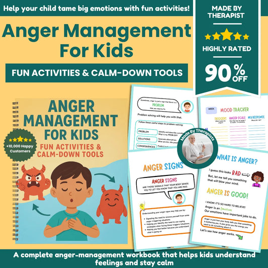 Cover of the “Anger Management for Kids” printable workbook showing colorful child-friendly pages and coping tools for emotional regulation.
