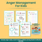 Page previews of anger scales, mood trackers, problem-solving sheets, breathing journals, and emotional-regulation tools included in the workbook.