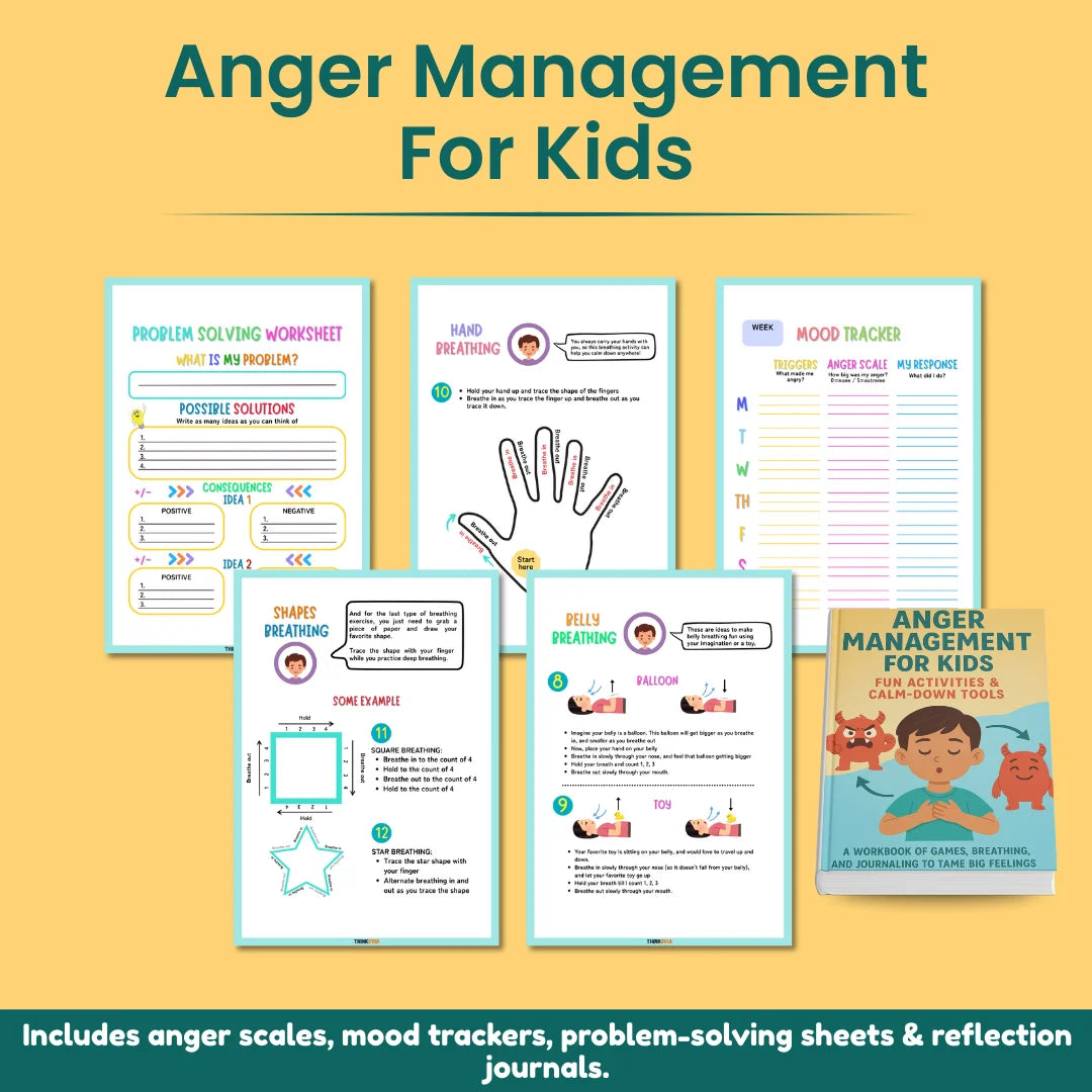Page previews of anger scales, mood trackers, problem-solving sheets, breathing journals, and emotional-regulation tools included in the workbook.
